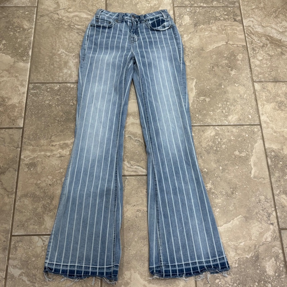 Rock & Roll Denim Womens High Rise Trouser Striped Flare Jeans Blue 26x36